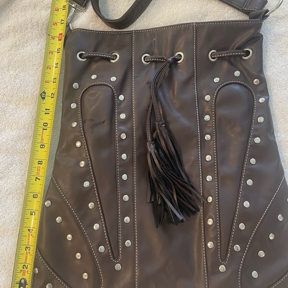 Dark Brown Leather Shoulder Bag with Studded Design and Tassel